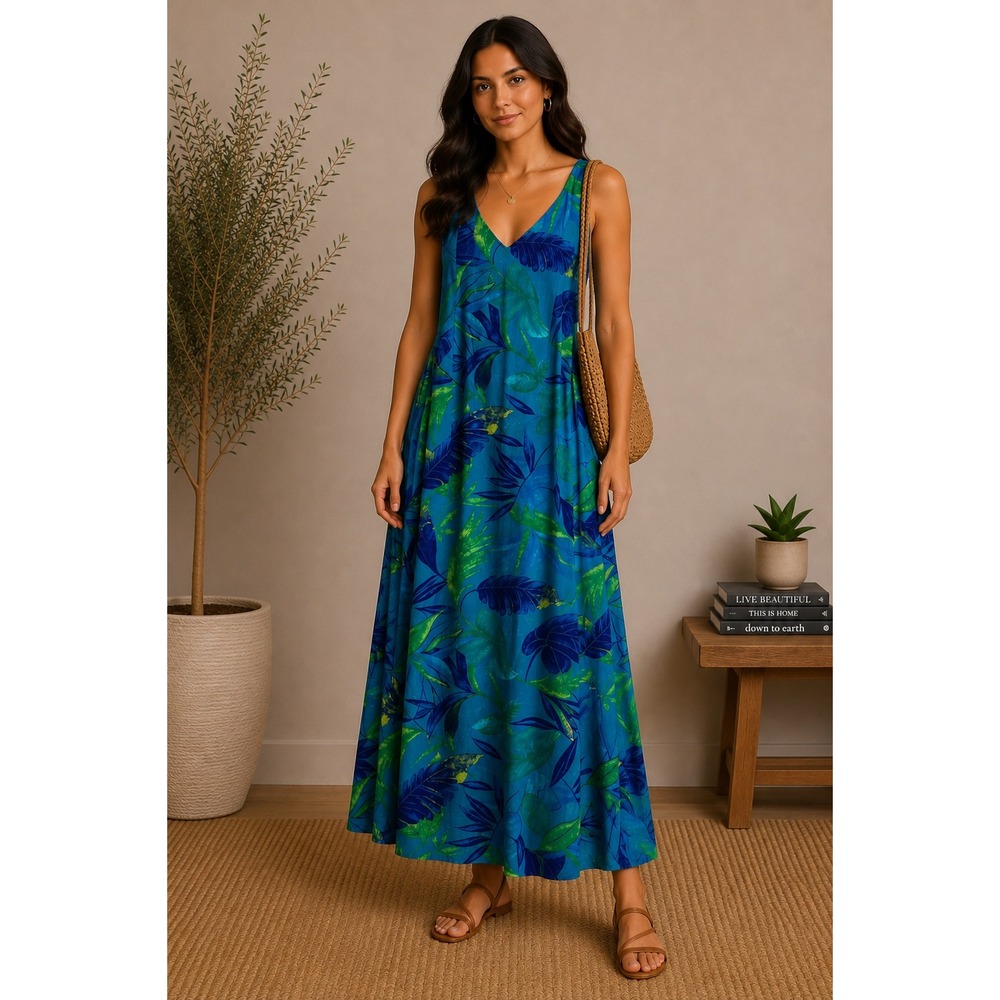 SL Fashions Coastal Blue‎ Green Tropical Leaf Print Rayon Maxi Dress Size 10P